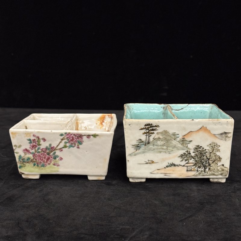 清 粉彩花卉纹画隔碟 浅绛花鸟纹画隔碟两件 - 图2