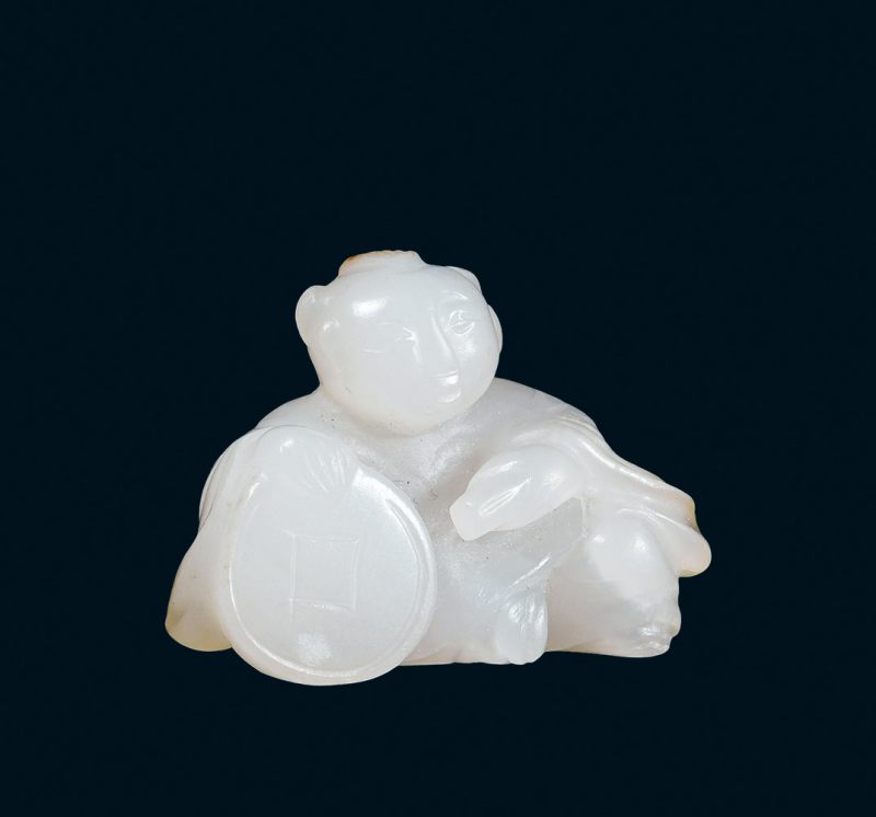 清 白玉击鼓童子挂件