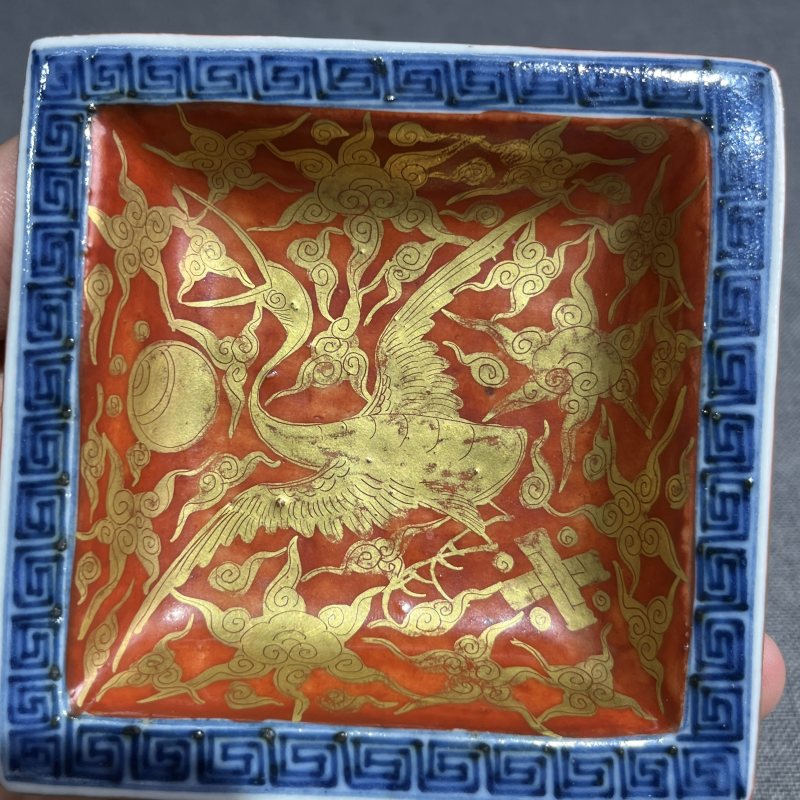 明晚期矾红描金仙鹤纹四方洗一对 - 图13