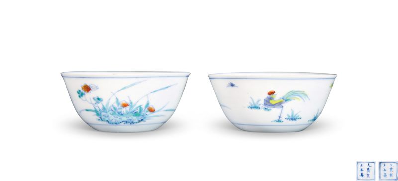 清 斗彩雄鸡图茶圆一对