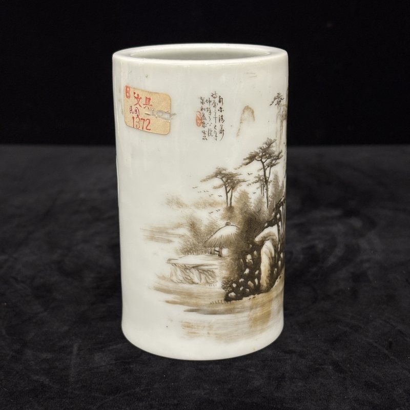民国 墨彩山水纹笔筒 粉彩山水纹笔筒两件 - 图3