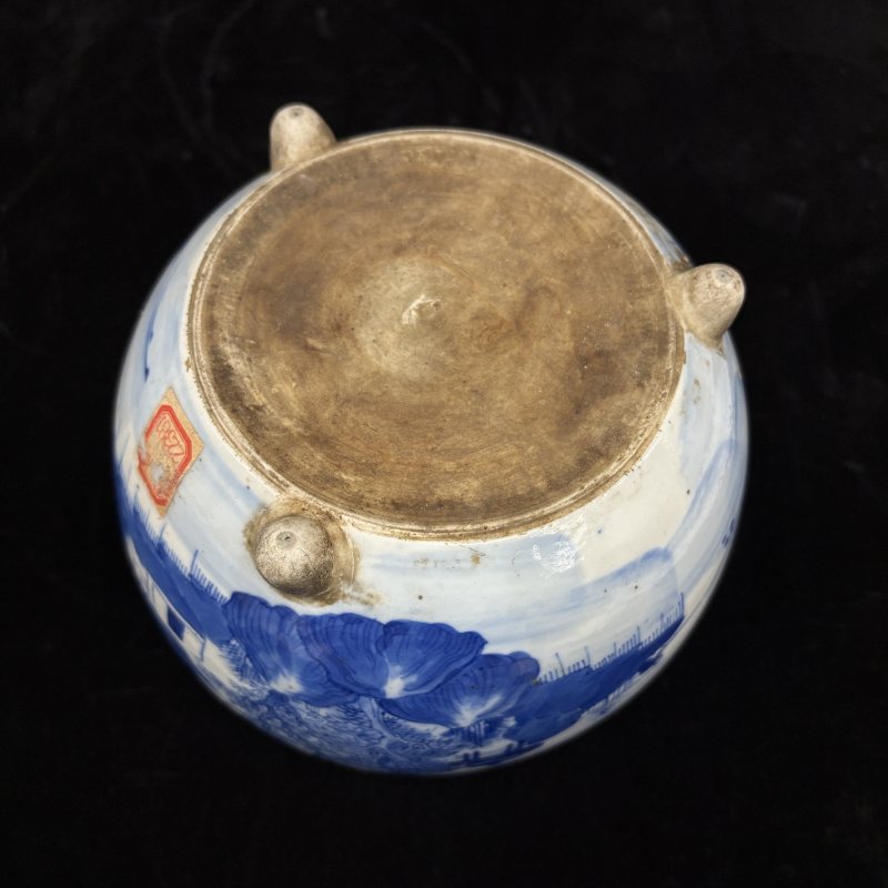 清 青花山水纹三足炉 浅绛仕女纹卷缸两件 - 图7