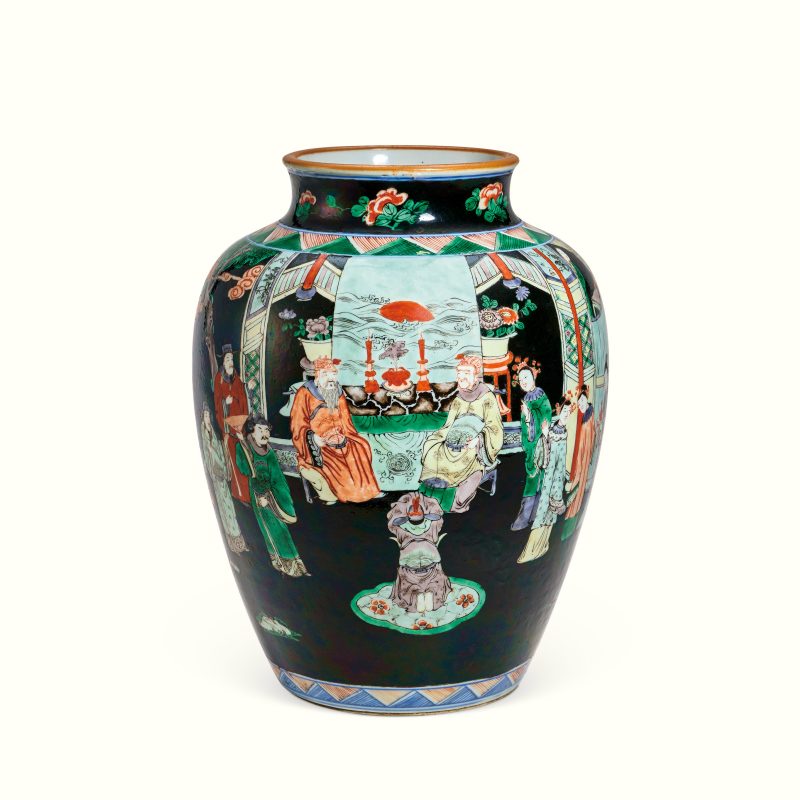 清光绪 墨地五彩满堂福太白罐