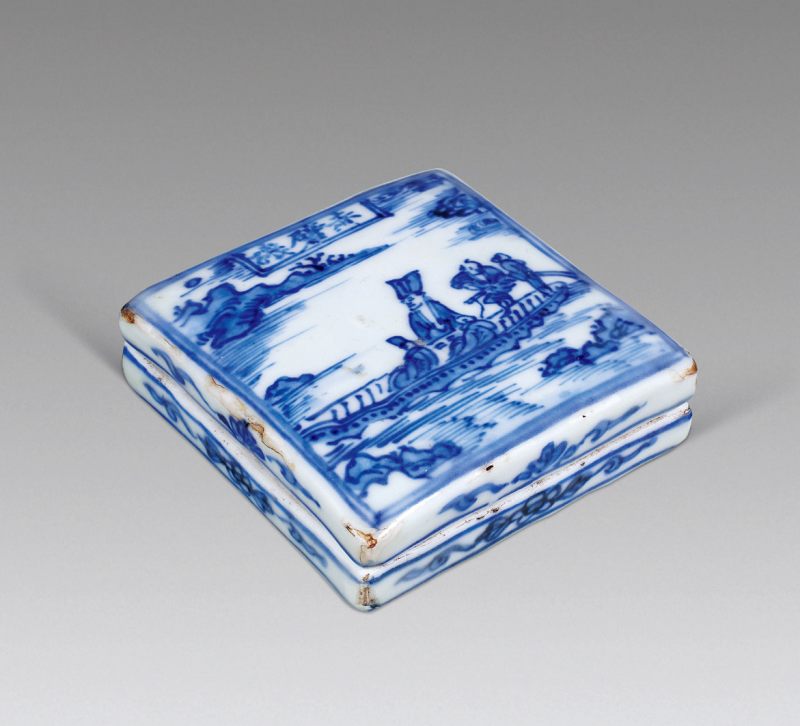 明 青花《赤壁赋》山水人物纹印盒