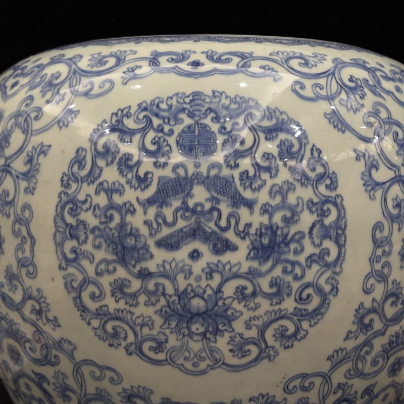清 青花单描莲托吉庆有余福寿纹大卷缸 - 图5