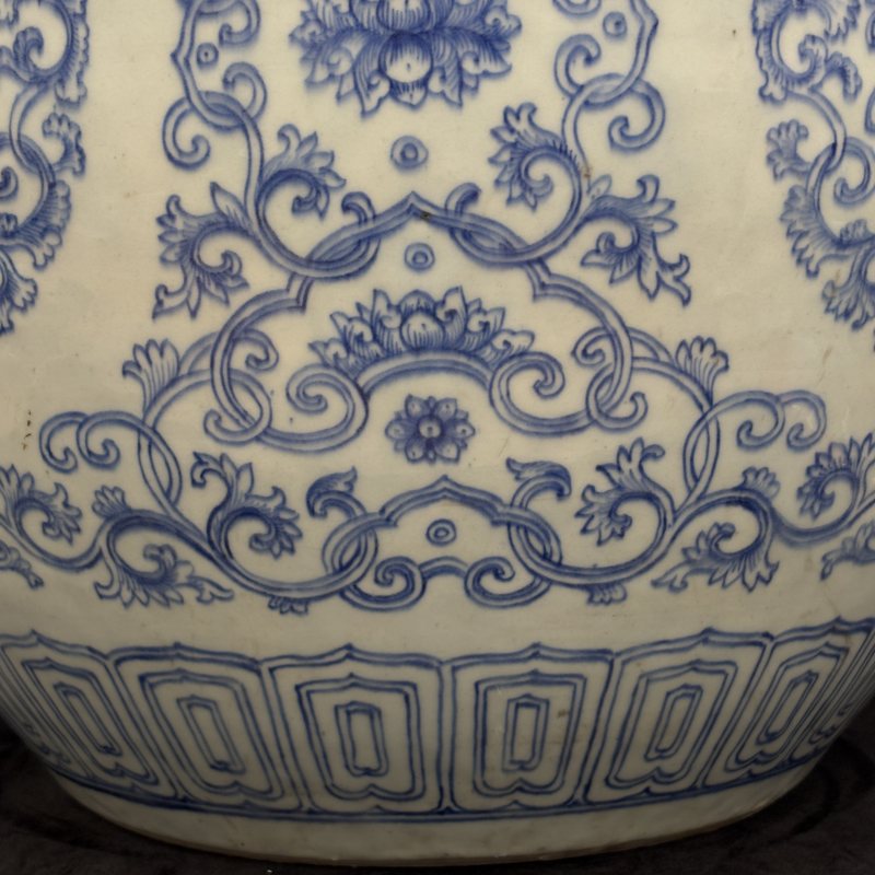 清 青花单描莲托吉庆有余福寿纹大卷缸 - 图7