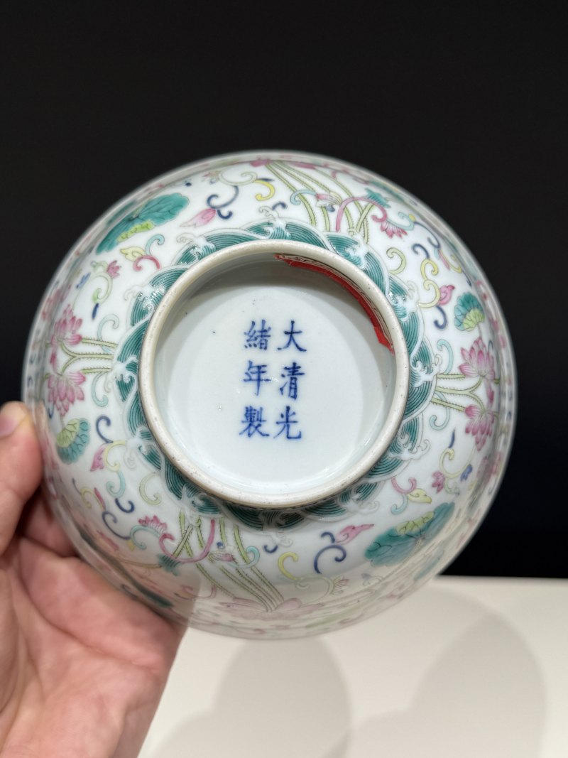 清光绪 内青花外粉彩莲池纹碗 - 图15