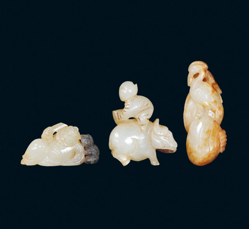 清 白玉胡人 白玉童子牧牛 白玉鹭鸶一组