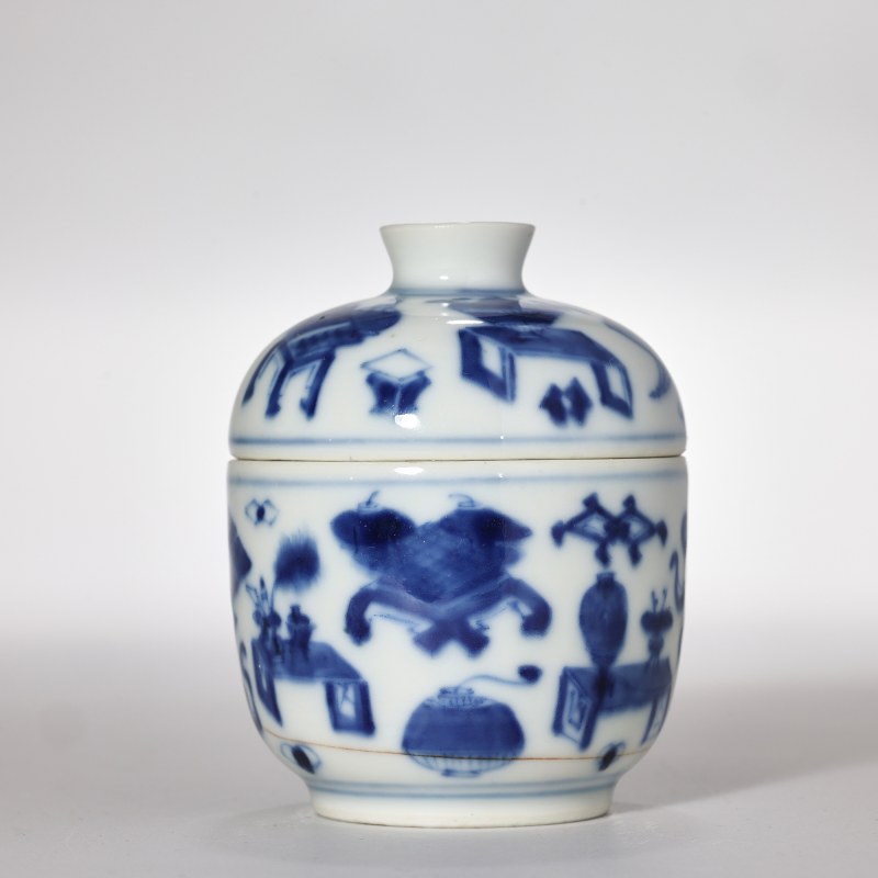 清中晚期 青花博古纹温酒器一套 - 图3