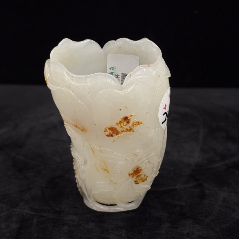 清 白玉留皮兰花杯 - 图2