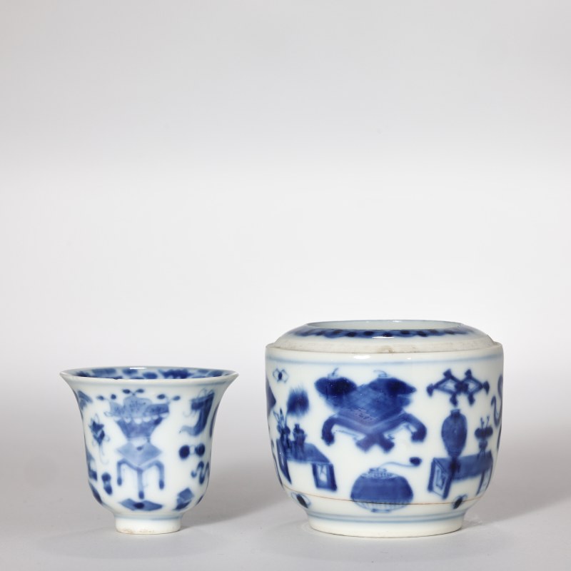 清中晚期 青花博古纹温酒器一套 - 图5