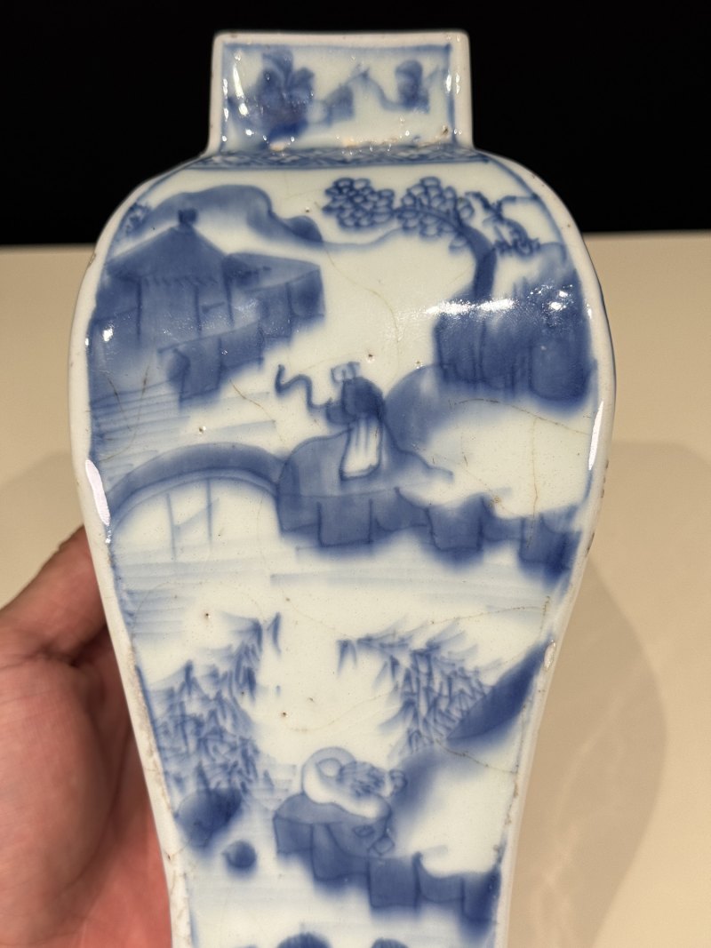清康熙 青花山水人物故事图方瓶 - 图9