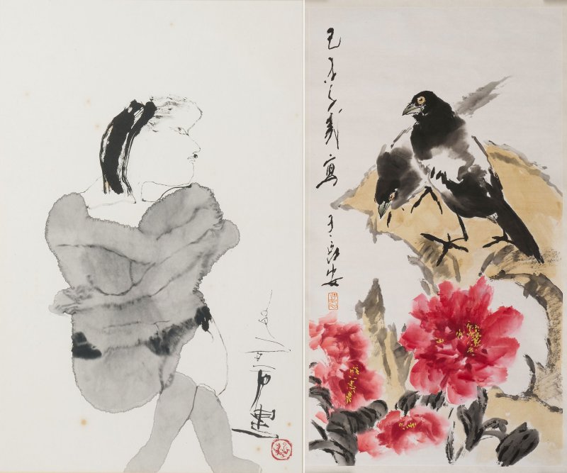 石虎、王子武 靜坐女子、牡丹雙喜 水墨、設色紙本 鏡框、鏡心 （子武）一九七九年作 | SHI HU (1942-2023) AND WANG ZIWU (1936-2021) - 图1