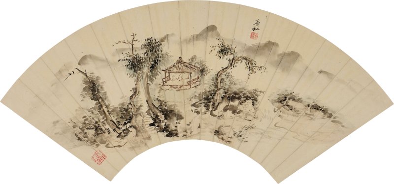 黃賓虹 山水人物 設色紙本 扇面 | HUANG BINHONG (1865-1955) - 图1