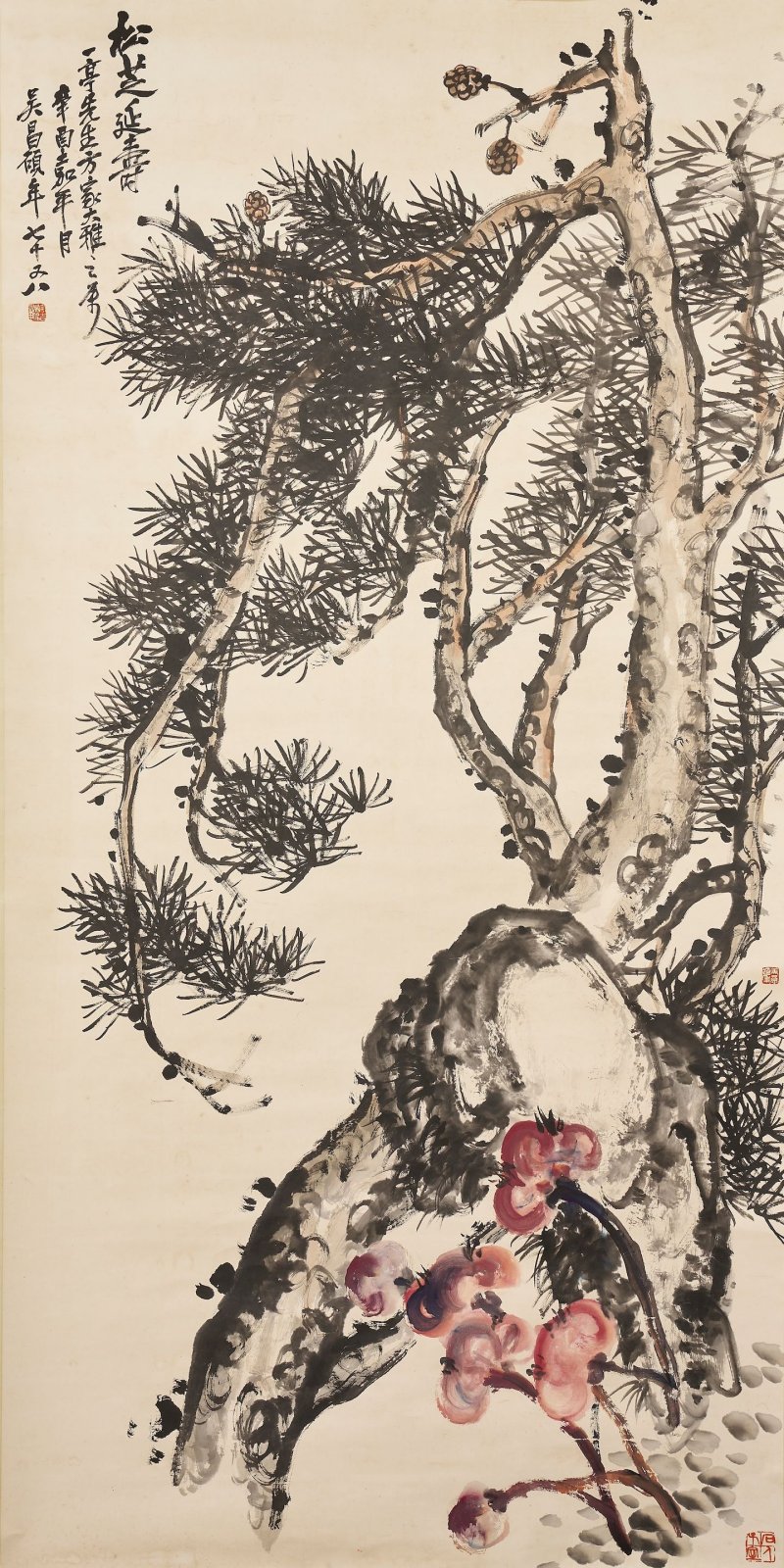 吳昌碩 松芝延壽 設色紙本 立轴 一九二一年作 | WU CHANGSHUO (1844-1927) - 图1