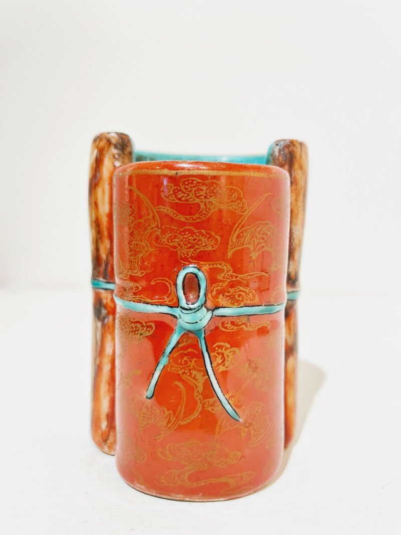 民國 仿木紋開光粉彩山水花卉紋筆筒 及盒 | A FAMILLE ROSE FAUX-BOIS BRUSH POT - 图5