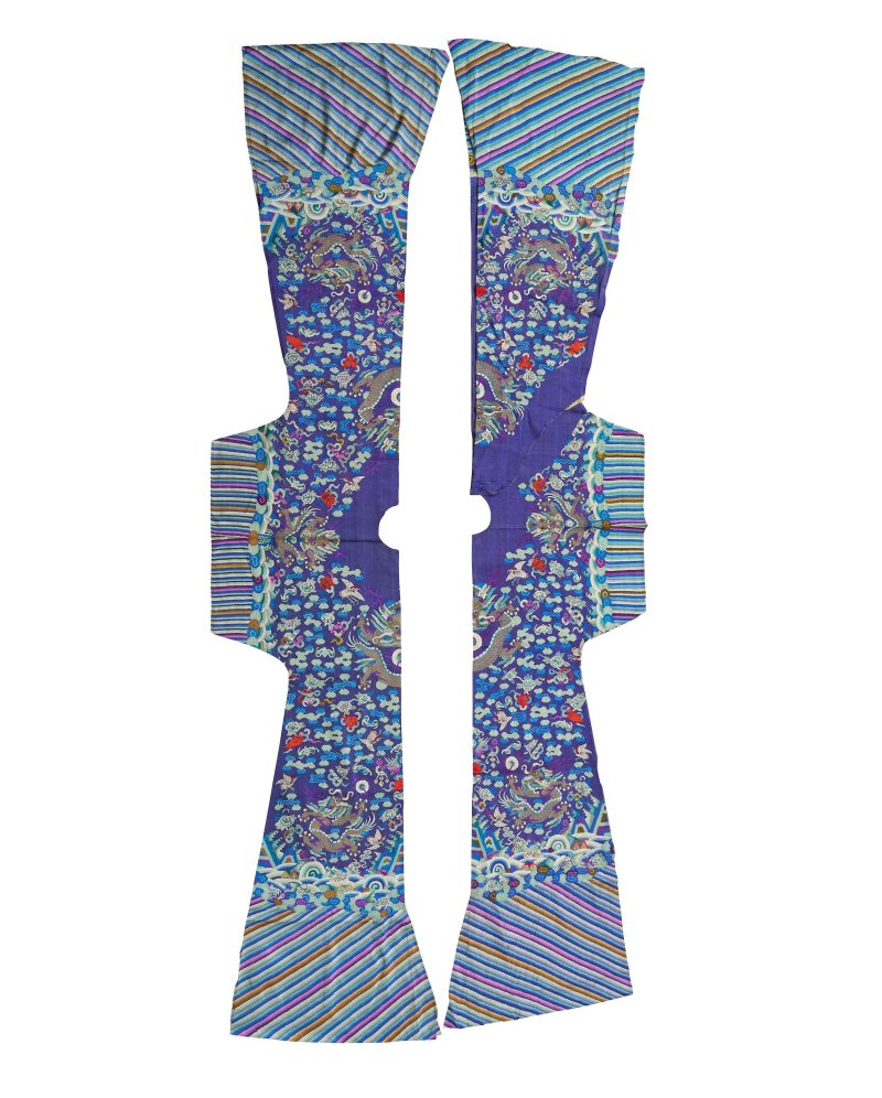 清光緒 藍地緙絲龍袍衣身、右衽殘片一組三件 | THREE FRAGMENTS OF A KESI 'DRAGON' ROBE