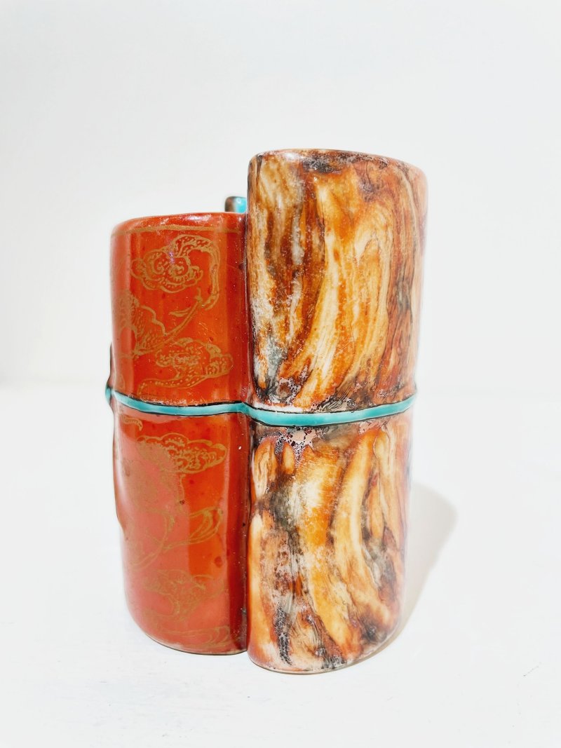 民國 仿木紋開光粉彩山水花卉紋筆筒 及盒 | A FAMILLE ROSE FAUX-BOIS BRUSH POT - 图10