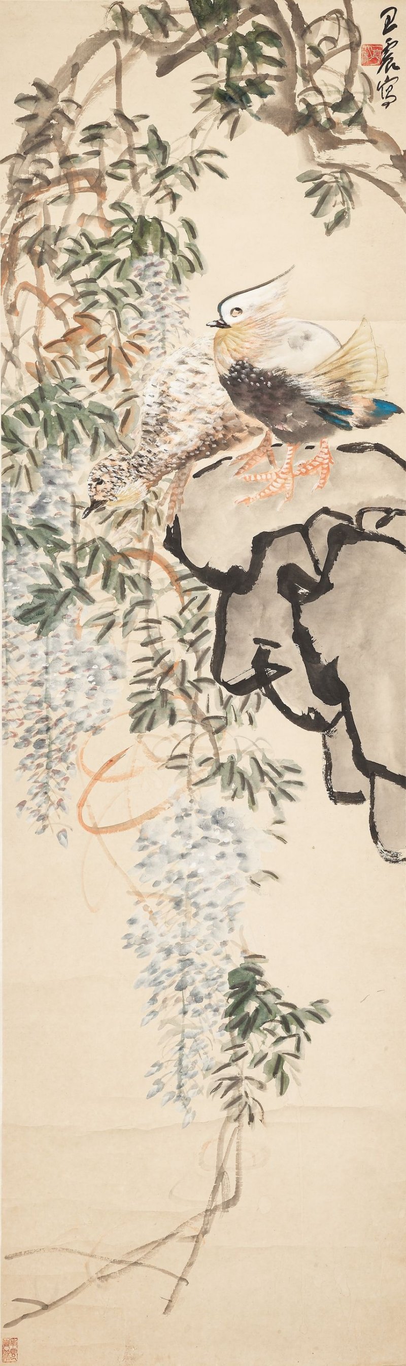 王震　紫藤鴛鴦　設色紙本　立軸 | WANG ZHEN (1867-1938) - 图1