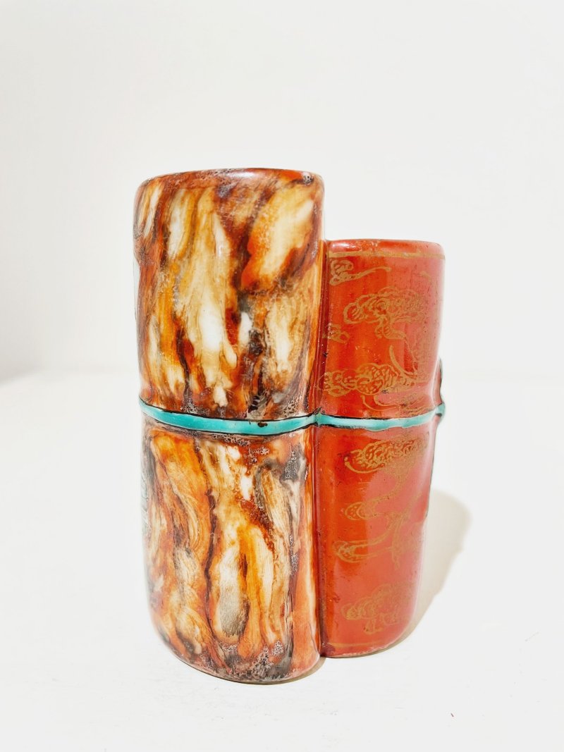 民國 仿木紋開光粉彩山水花卉紋筆筒 及盒 | A FAMILLE ROSE FAUX-BOIS BRUSH POT - 图12