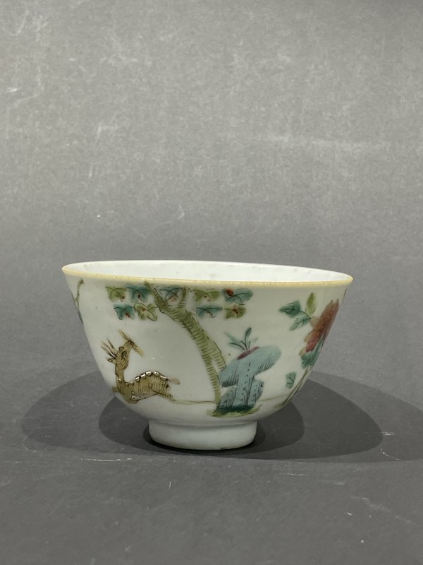 晚晴 粉彩鹤鹿同春茶圆 - 图1