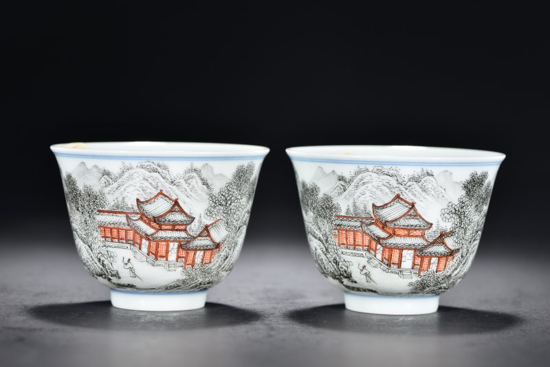 清 墨彩山水人物小杯（2件）