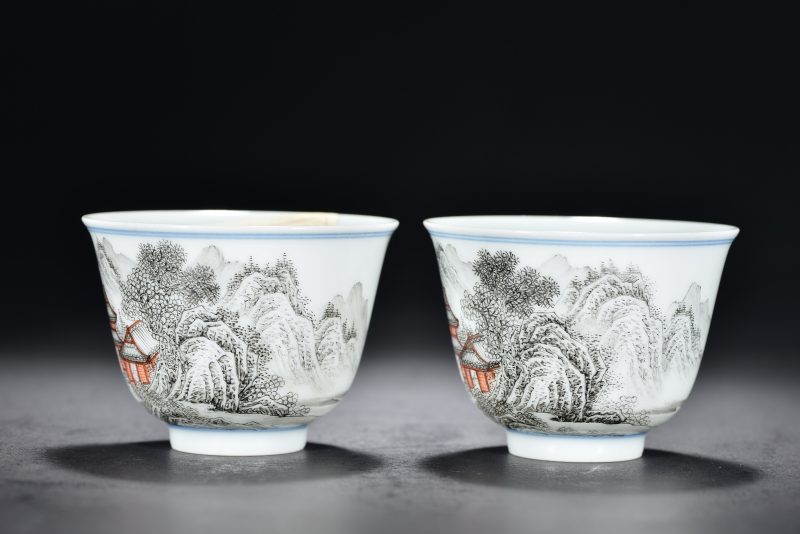 清 墨彩山水人物小杯（2件） - 图3