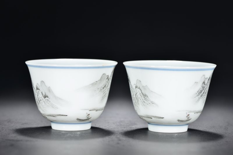清 墨彩山水人物小杯（2件） - 图4