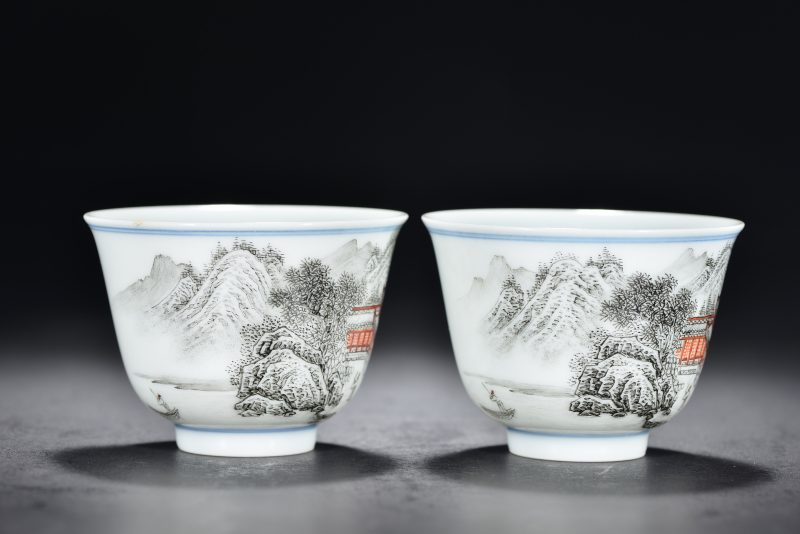清 墨彩山水人物小杯（2件） - 图5