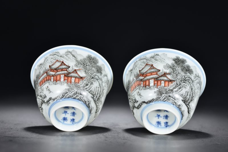 清 墨彩山水人物小杯（2件） - 图9