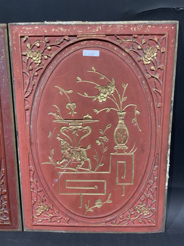 木质雕花描金清供图花板一对 - 图2
