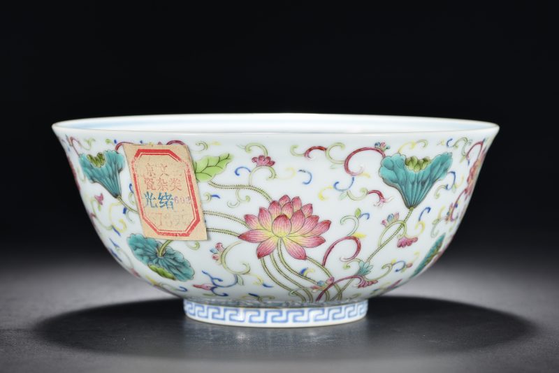 清光绪 内青花外粉彩荷莲纹碗 - 图1