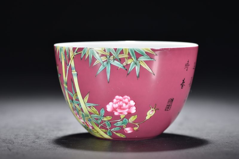 清雍正 胭脂水花卉诗文杯 - 图4