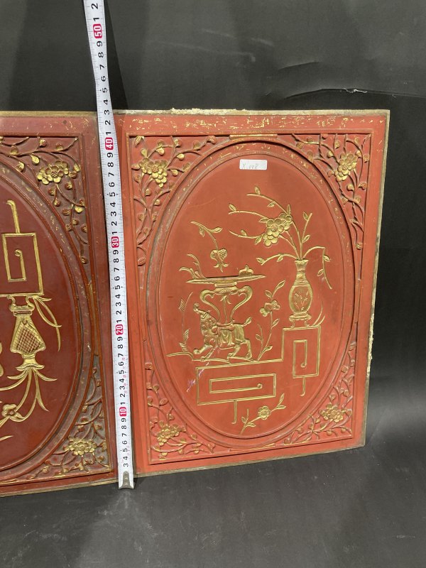 木质雕花描金清供图花板一对 - 图9