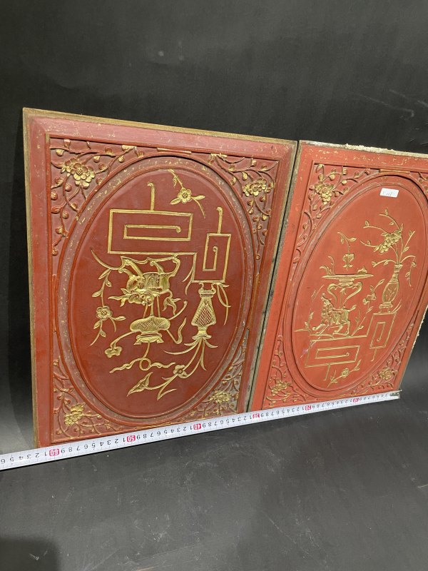 木质雕花描金清供图花板一对 - 图10