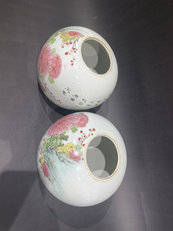 民国粉彩菊花诗纹对罐 - 图6