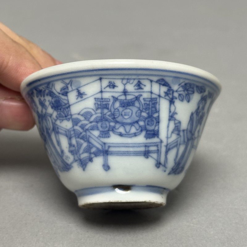 清雍正 青花线描人物纹茶圆 - 图4