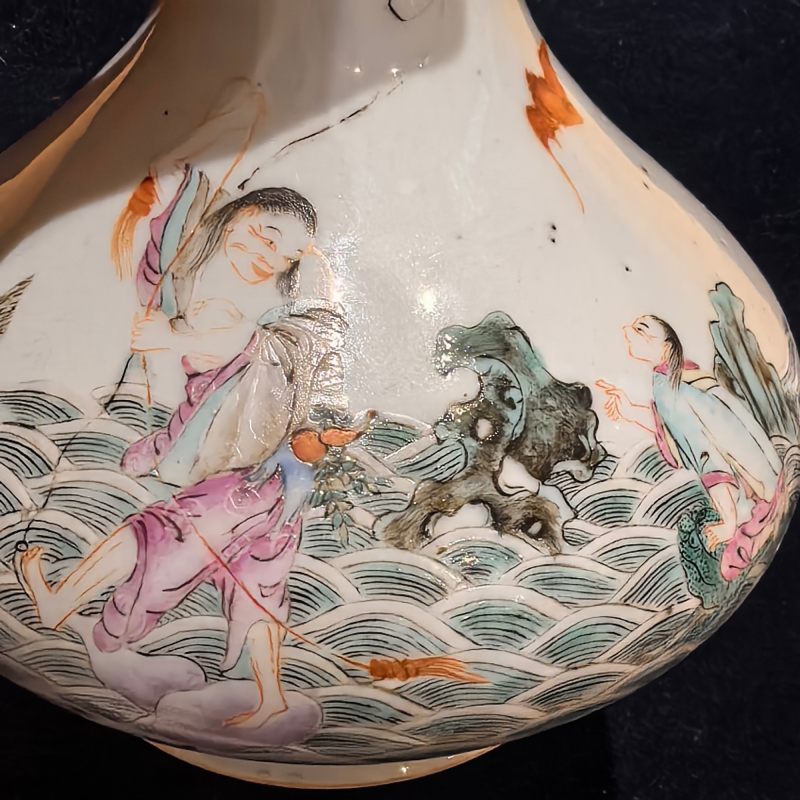民国 粉彩神仙人物盘口瓶 - 图7