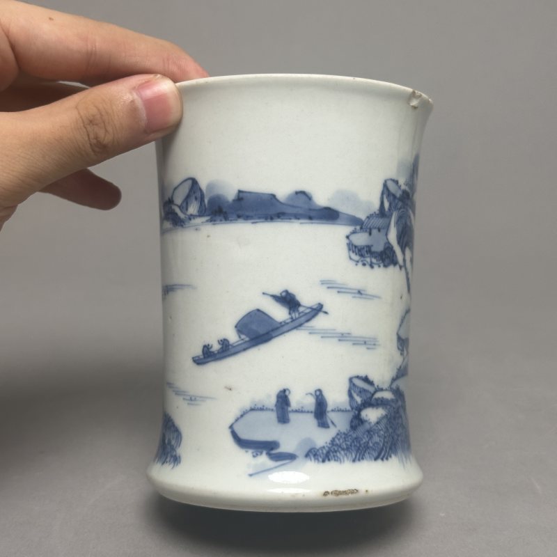 清康熙 青花山水人物图束腰笔筒 - 图2
