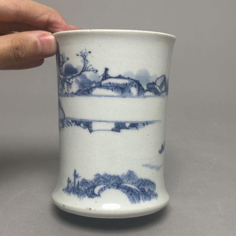 清康熙 青花山水人物图束腰笔筒 - 图4