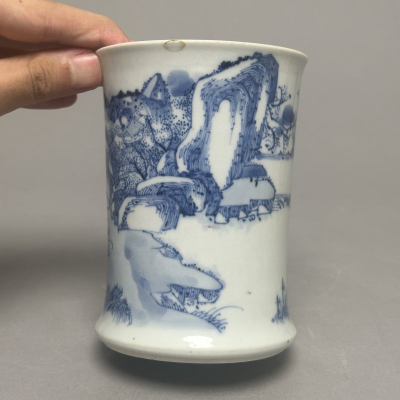 清康熙 青花山水人物图束腰笔筒 - 图5