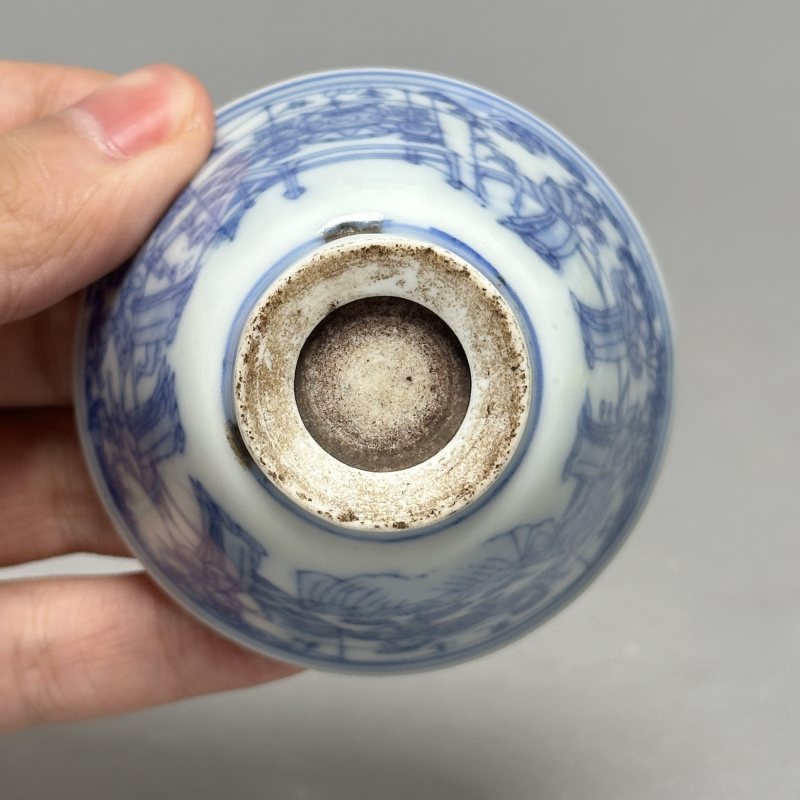 清雍正 青花线描人物纹茶圆 - 图7