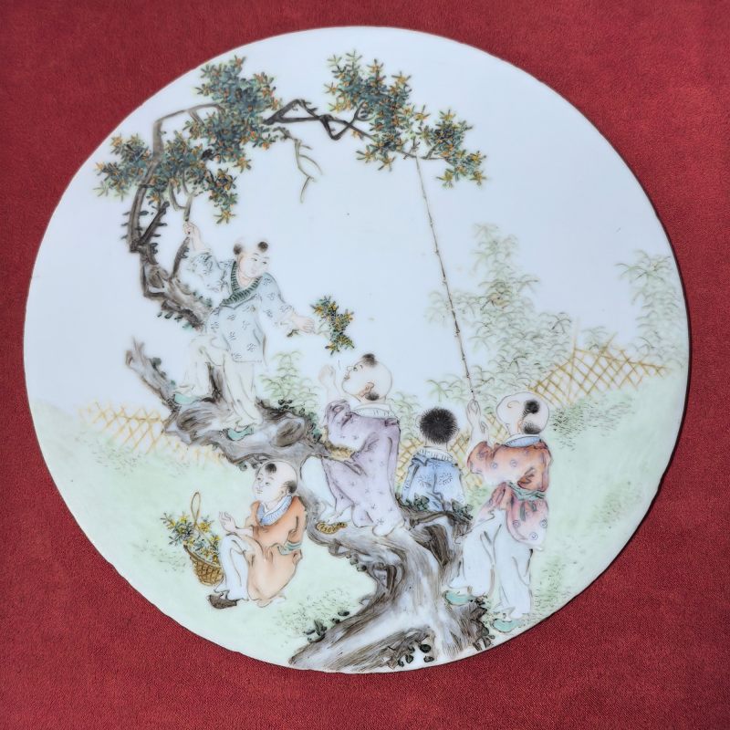 民国 粉彩五子折桂图瓷板 - 图5