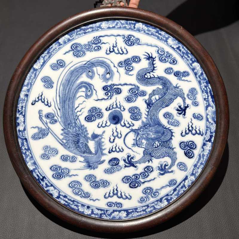 清光绪 青花龙凤呈祥纹挂屏 - 图2
