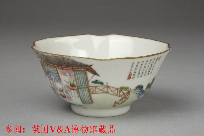 清道光 粉彩开光耕织图海棠口高足供盘 - 图2