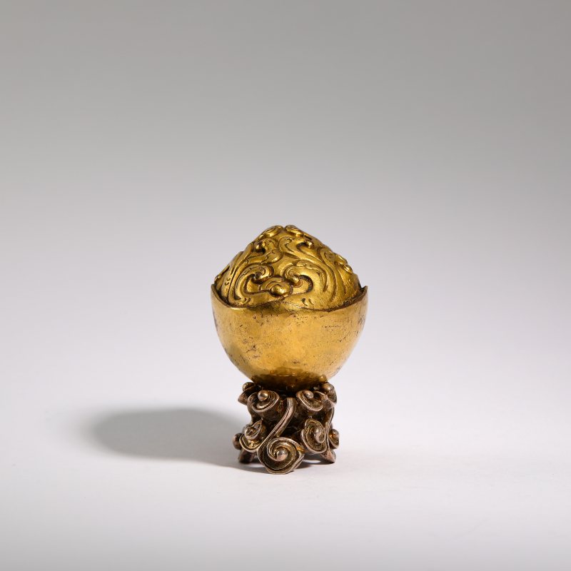 清 铜鎏金托巴碗摆件（附银质器座） - 图4