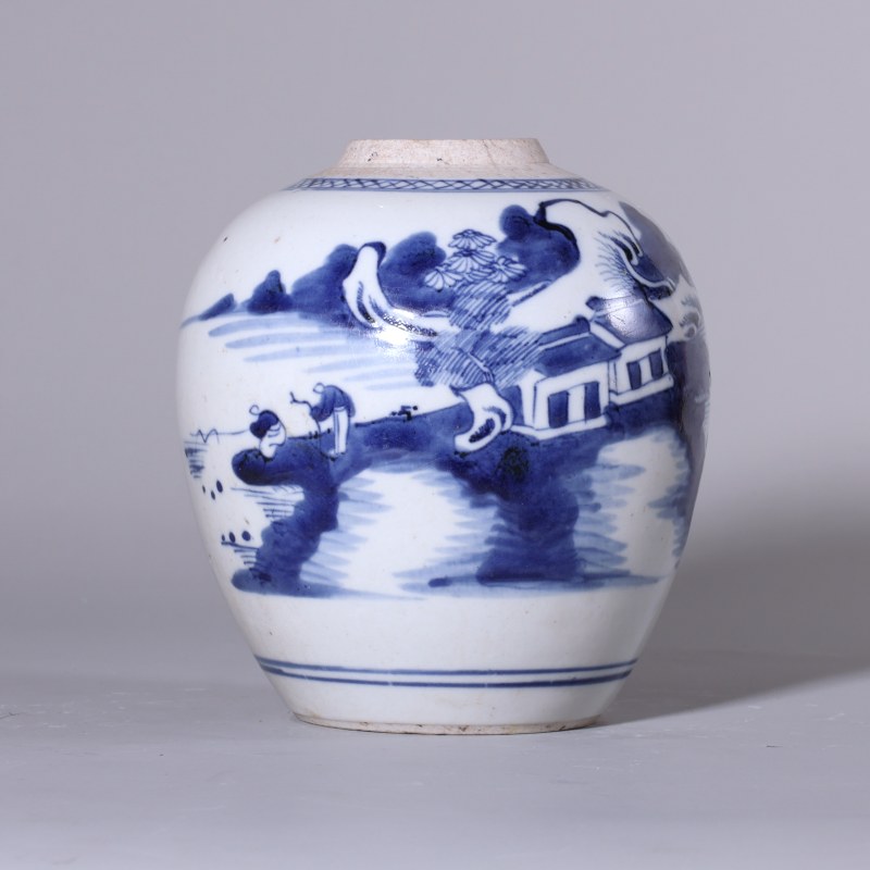 清代 青花山水罐 - 图1