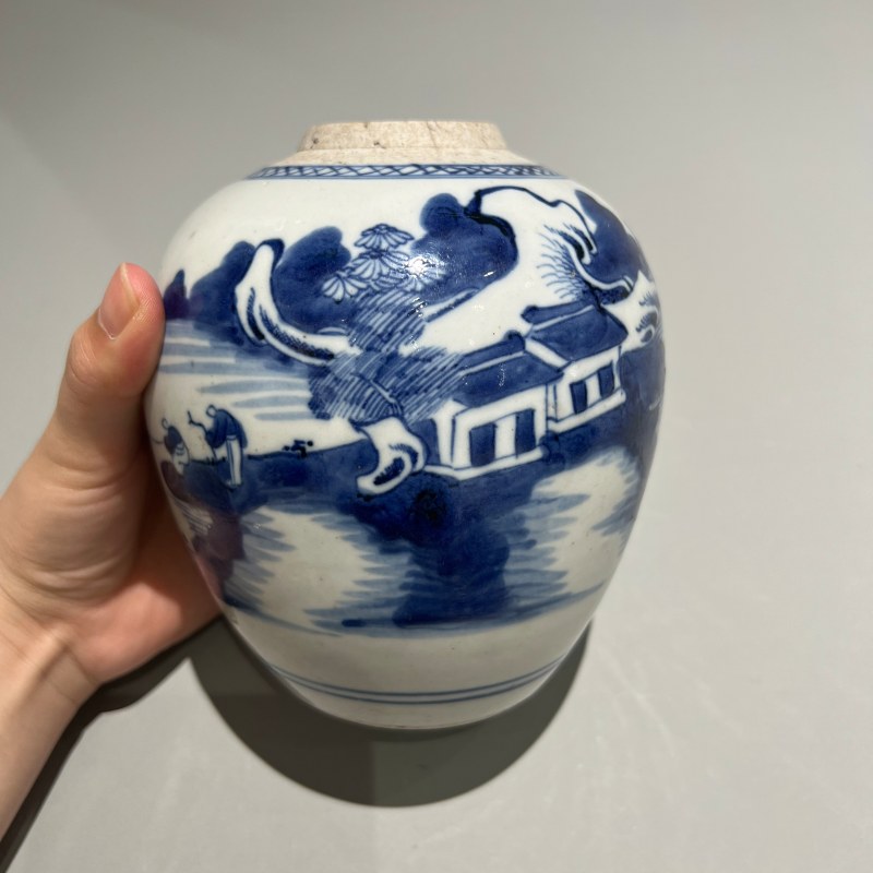 清代 青花山水罐 - 图5