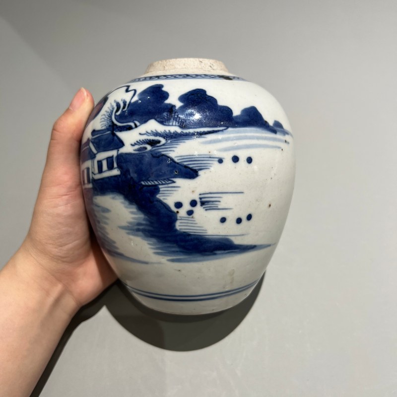 清代 青花山水罐 - 图6