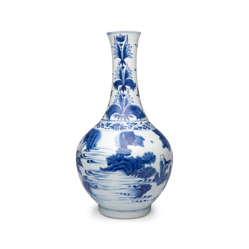 郊遊点化 | A Chinese blue and white 'Jiao You Dian Hua 郊遊点化' bottle vase - 图3
